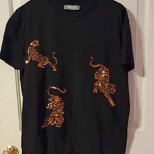 Black T-Shirt with Sequin Tiger Design